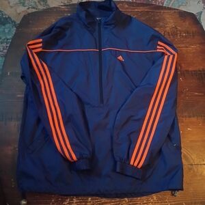 Y2K Vintage Adidas Men's Navy Blue Windbreaker with Orange Stripes Men's Medium